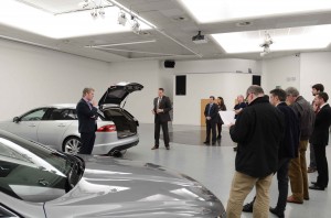 Jaguar studio director Wayne Burgess explains the styling of the new Jaguar XF Sportbrake to assembled journalists