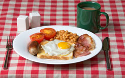 Full English breakfast with a mug of tea