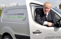 London Mayor Boris Johnson with a Citroen Berlingo, one of the vans Citroen is offering as part of its LEZ incentive under the Go Green & Clean Allowance banner