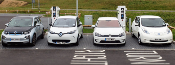 Electric Highway charging points at Britain's newest motorway service station - Gloucester Services on the M5 - charging BMW i3, Renault Zoe, VW e-Golf and Nissan LEAF
