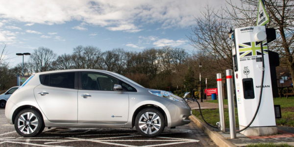 electric Nissan LEAF at the Roadchef Clacket Lane Services in Surrey