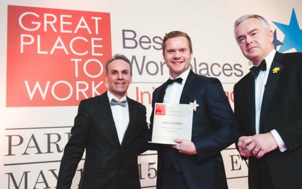 Left to right: Tom O’Byrne, ceo, Great Place to Work Institute; Martin Brown, managing director, Fleet Alliance: Huw Edwards, BBC newsreader and presenter